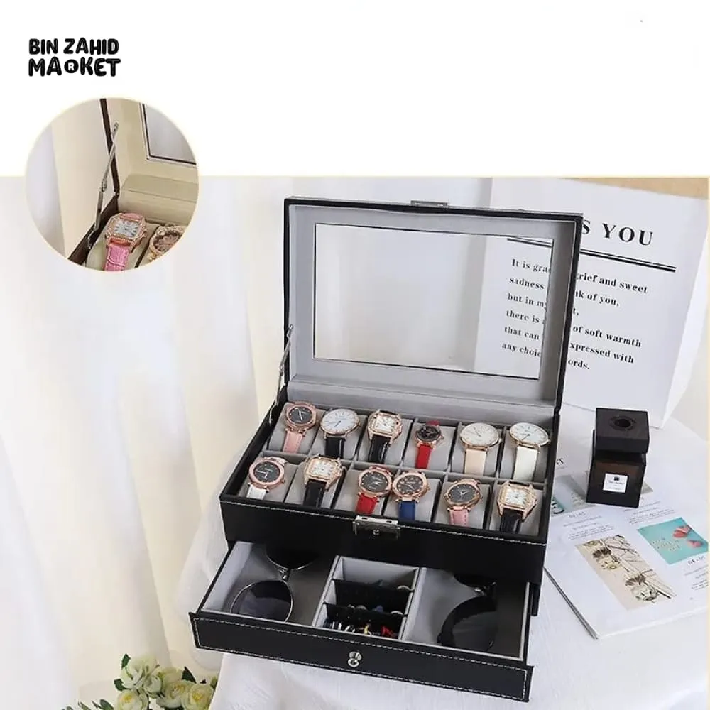 12X SLOTS DOUBLE LAYERS LEATHER WATCH STORAGE BOX