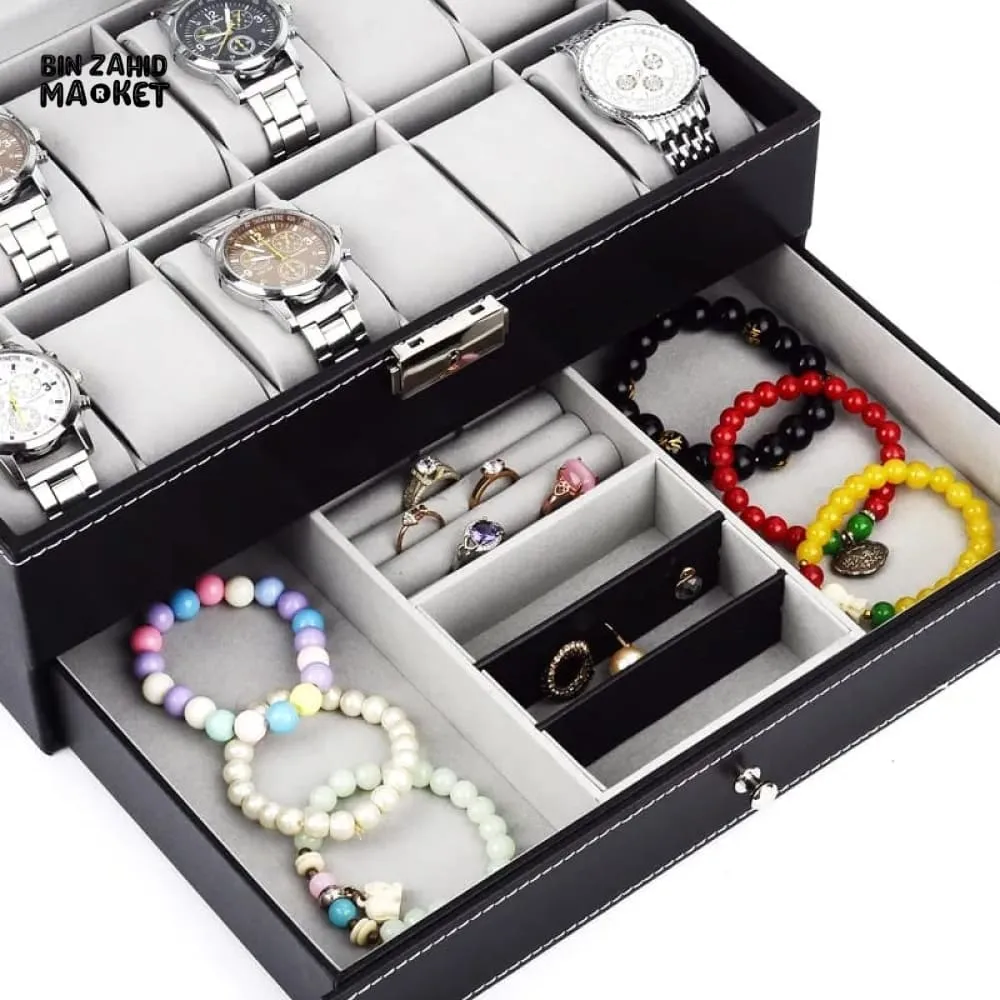 12X SLOTS DOUBLE LAYERS LEATHER WATCH STORAGE BOX