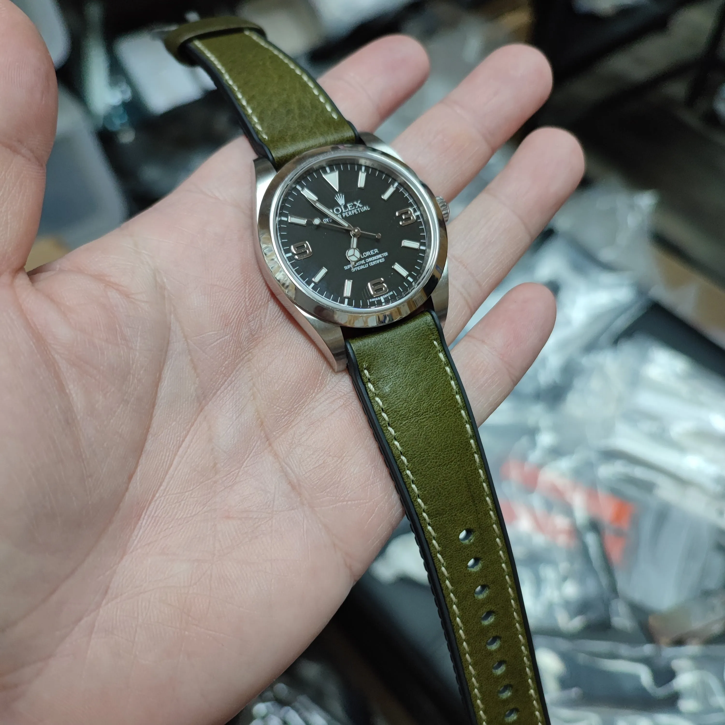 18mm, 20mm, 22mm Olive Green Italian Calf Leather Rubber Watch Strap
