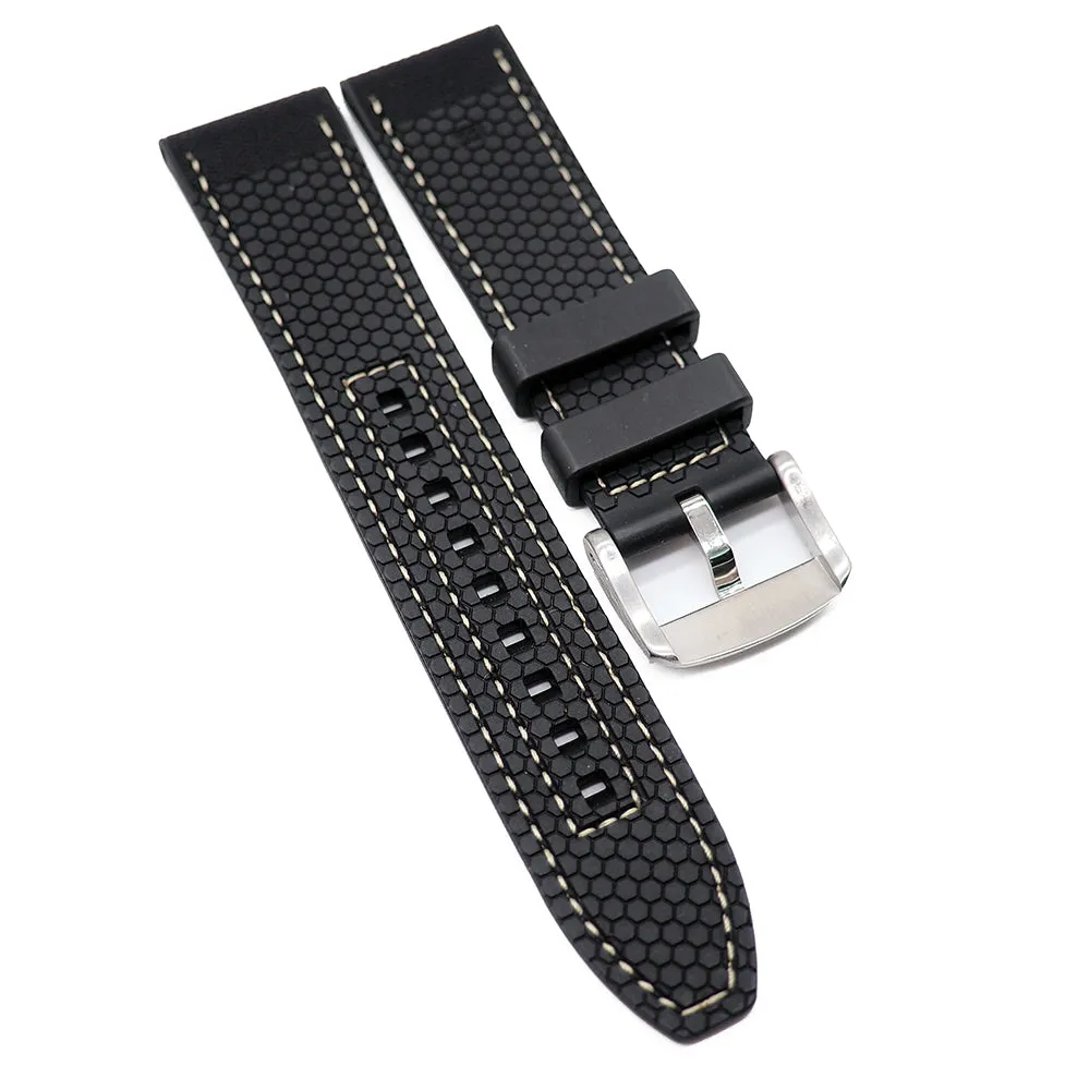 20mm, 22mm Straight End Black Hybrid Nylon FKM Rubber Watch Strap, White Stitching