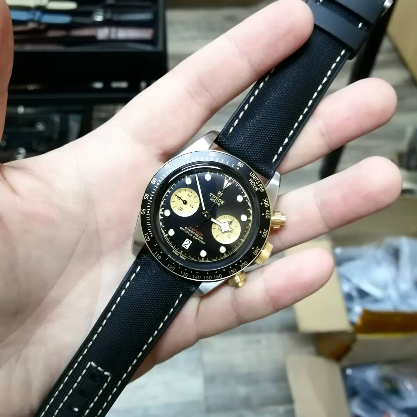 20mm, 22mm Straight End Black Hybrid Nylon FKM Rubber Watch Strap, White Stitching