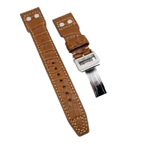 22mm Big Pilot Style Burnt Orange Alligator Leather Watch Strap For IWC, Cream Stitching, Rivet Lug, Semi Square Tail