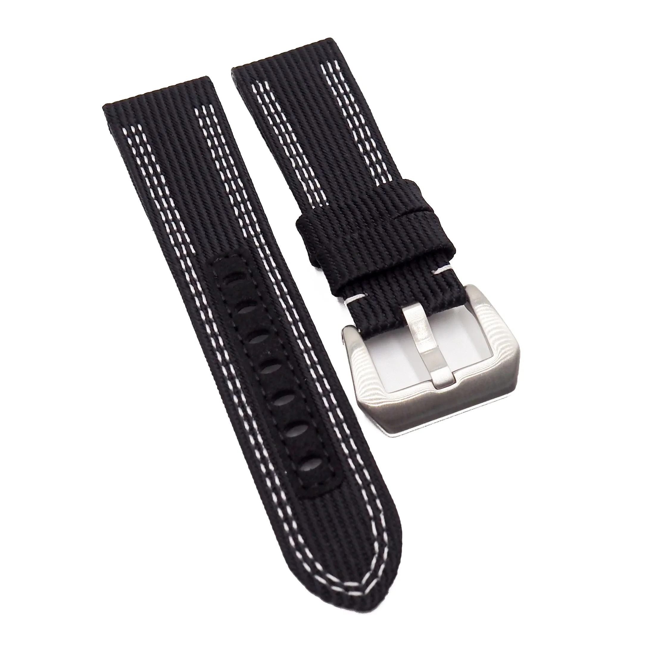 24mm Black Nylon Watch Strap, White Stitching, For Panerai