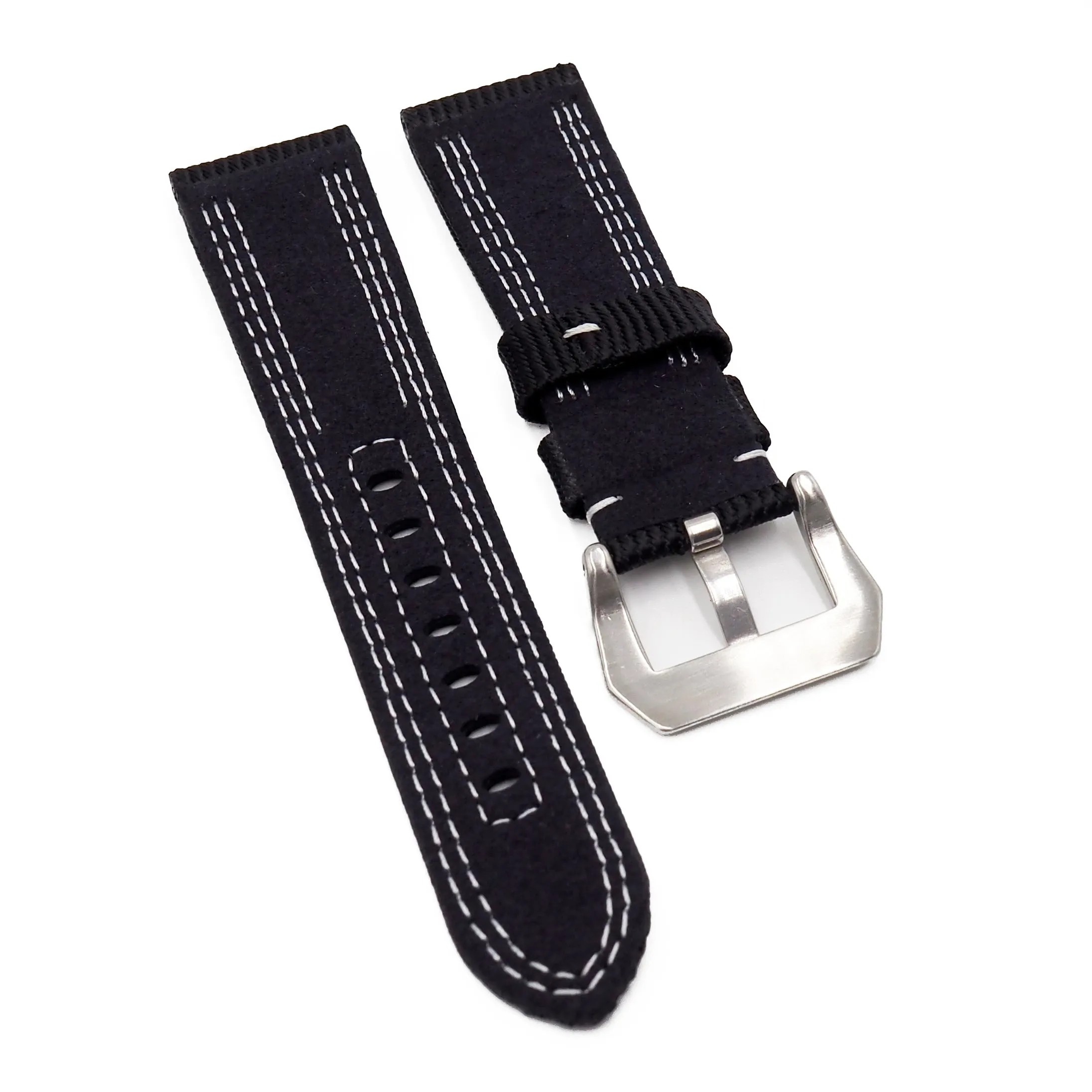 24mm Black Nylon Watch Strap, White Stitching, For Panerai