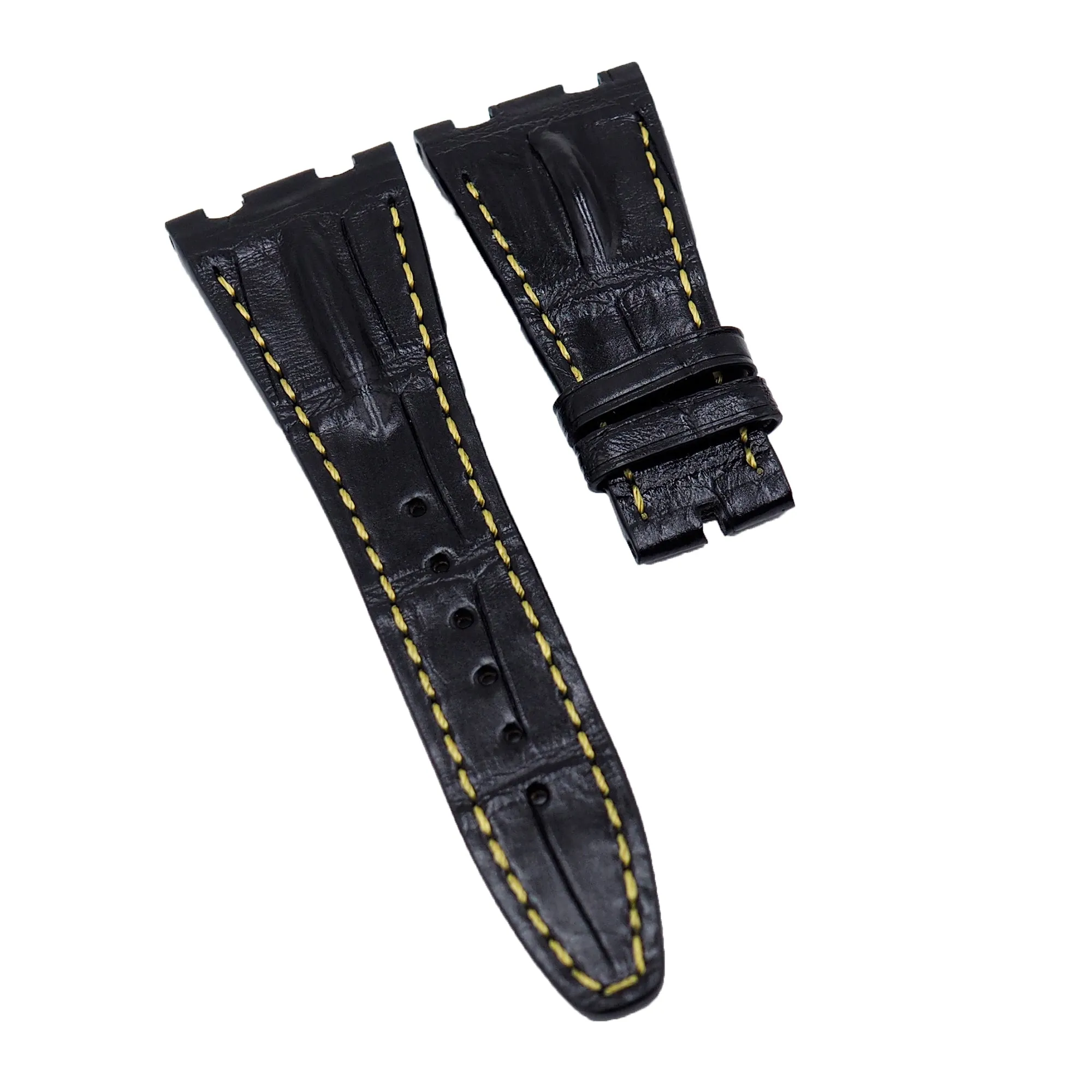 28mm Black Alligator Leather Watch Strap, Yellow Stitching For Audemars Piguet Royal Oak Offshore