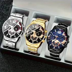 3-Pack: Luxury Men's Quartz Watch Set with Precision Time Scale