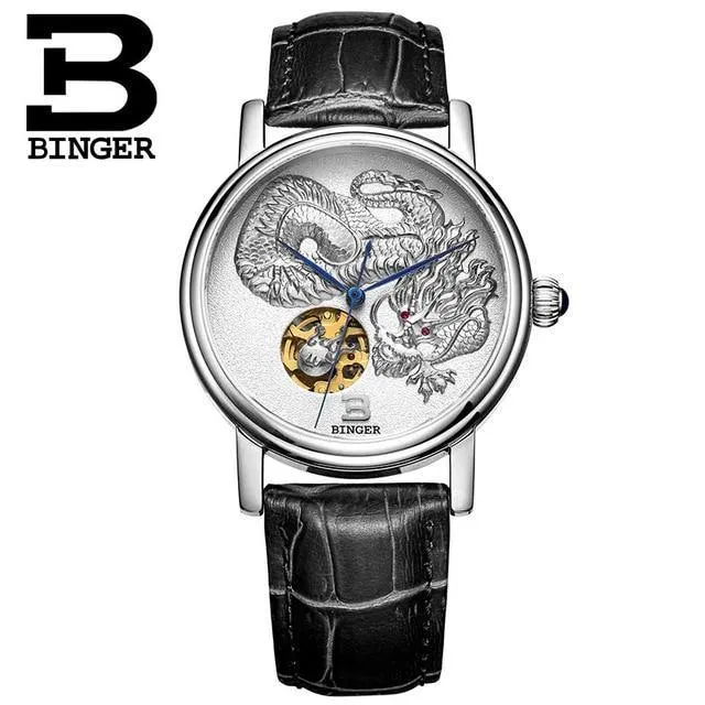3D Hand Relief Design BINGER Men Automatic Self-Wind Famous Brand Fashion Luxury Watch Leather Strap Mechanical Wristwatches.