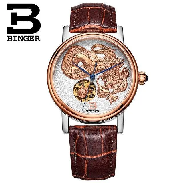 3D Hand Relief Design BINGER Men Automatic Self-Wind Famous Brand Fashion Luxury Watch Leather Strap Mechanical Wristwatches.