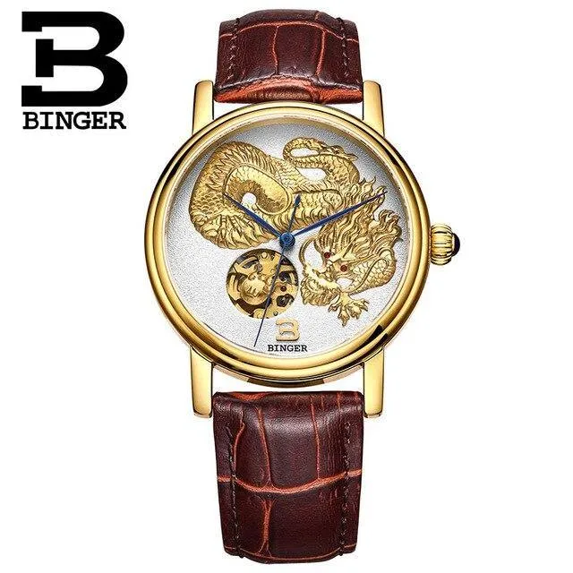 3D Hand Relief Design BINGER Men Automatic Self-Wind Famous Brand Fashion Luxury Watch Leather Strap Mechanical Wristwatches.