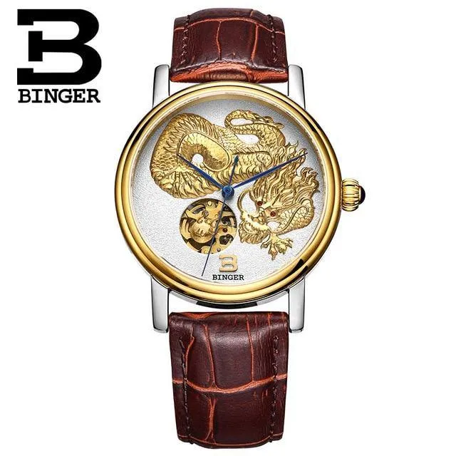3D Hand Relief Design BINGER Men Automatic Self-Wind Famous Brand Fashion Luxury Watch Leather Strap Mechanical Wristwatches.