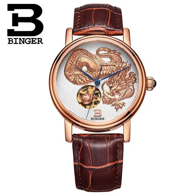 3D Hand Relief Design BINGER Men Automatic Self-Wind Famous Brand Fashion Luxury Watch Leather Strap Mechanical Wristwatches.