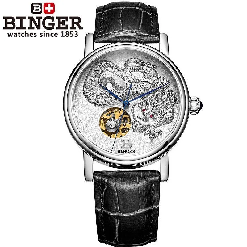 3D Hand Relief Design BINGER Men Automatic Self-Wind Famous Brand Fashion Luxury Watch Leather Strap Mechanical Wristwatches.