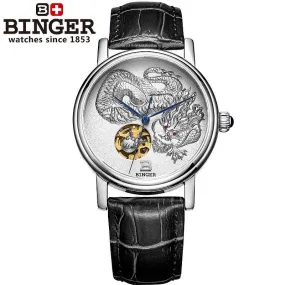 3D Hand Relief Design BINGER Men Automatic Self-Wind Famous Brand Fashion Luxury Watch Leather Strap Mechanical Wristwatches.