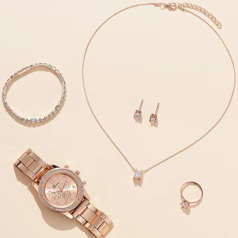 6pcs Set Luxury Watch Women Ring Necklace Earrings Rhinestone Fashion Wristwatch
