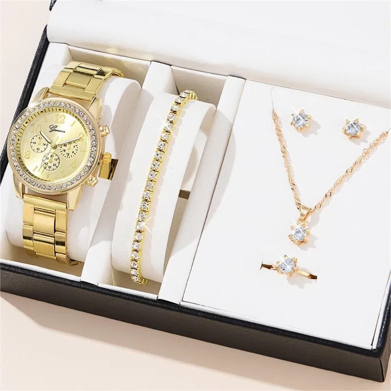 6pcs Set Luxury Watch Women Ring Necklace Earrings Rhinestone Fashion Wristwatch