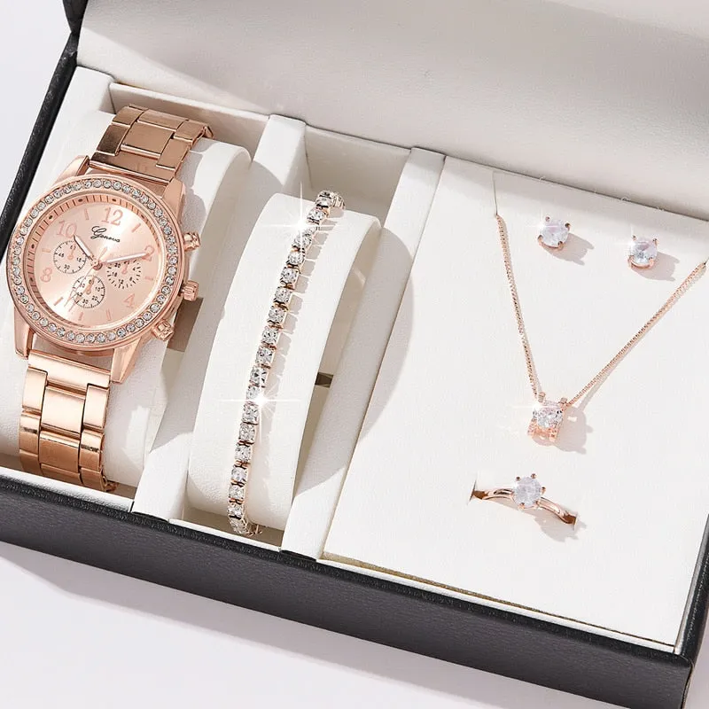 6pcs Set Luxury Watch Women Ring Necklace Earrings Rhinestone Fashion Wristwatch
