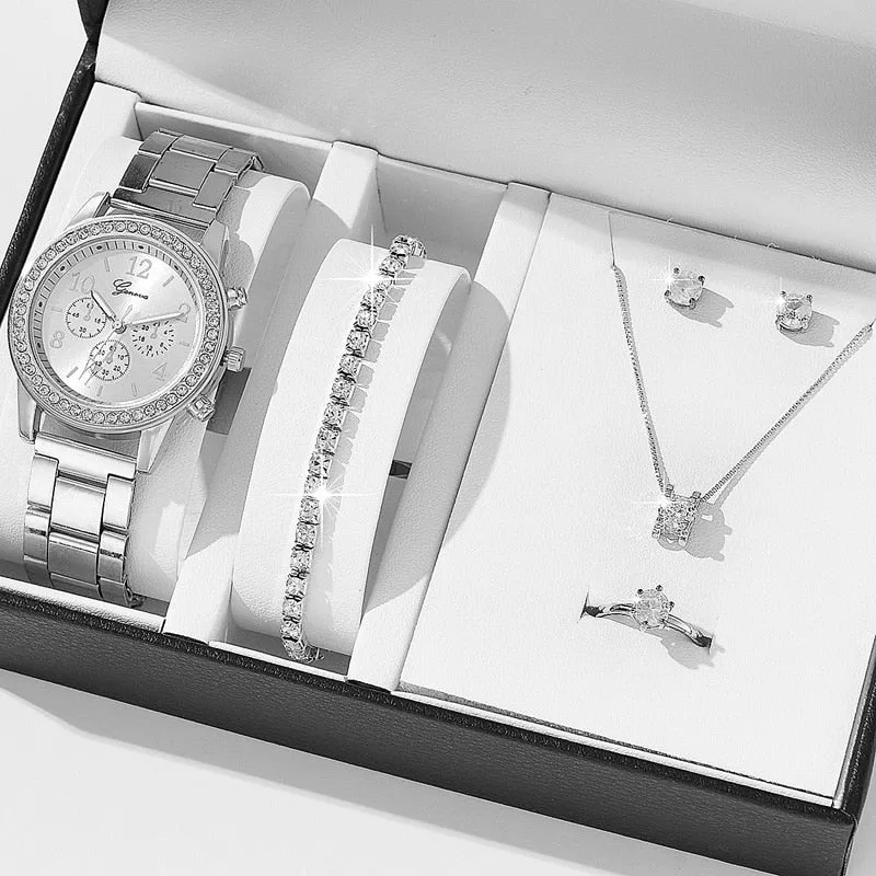 6pcs Set Luxury Watch Women Ring Necklace Earrings Rhinestone Fashion Wristwatch