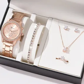 6pcs Set Luxury Watch Women Ring Necklace Earrings Rhinestone Fashion Wristwatch