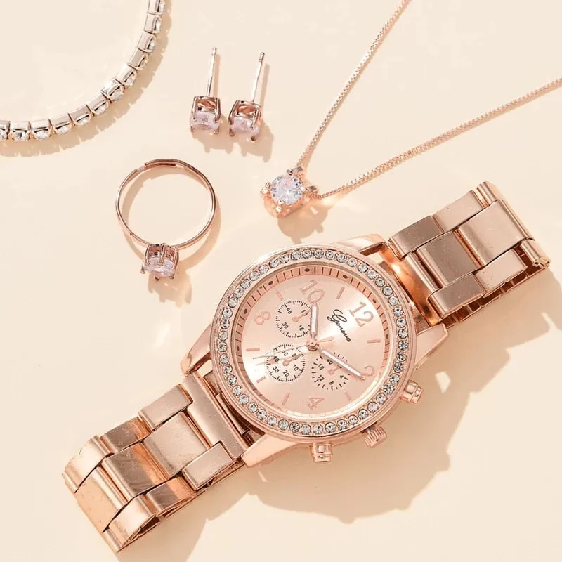 6pcs Set Luxury Watch Women Ring Necklace Earrings Rhinestone Fashion Wristwatch