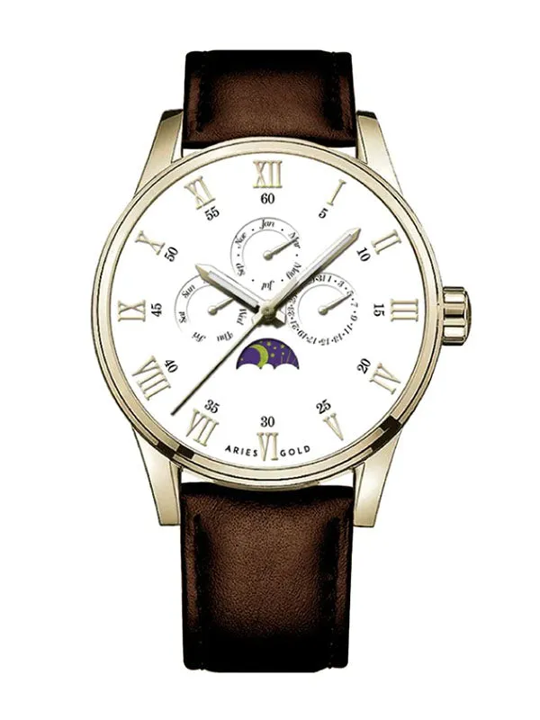 Aries Gold Multifunction Leather Strap G 7019 G-WG Watch