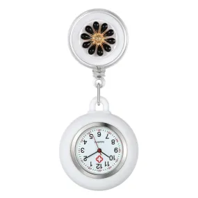 AVANER Retractable Nurse Watches Clip-on Hanging Fob Watches Cute Flower Pattern Lapel Watches for Nurses Doctors with Silicone Cover Black