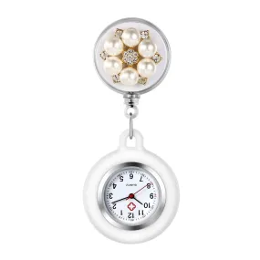 AVANER Retractable Nurse Watches Clip-on Hanging Fob Watches Cute Flower Pattern Lapel Watches for Nurses Doctors with Silicone Cover Style2-a