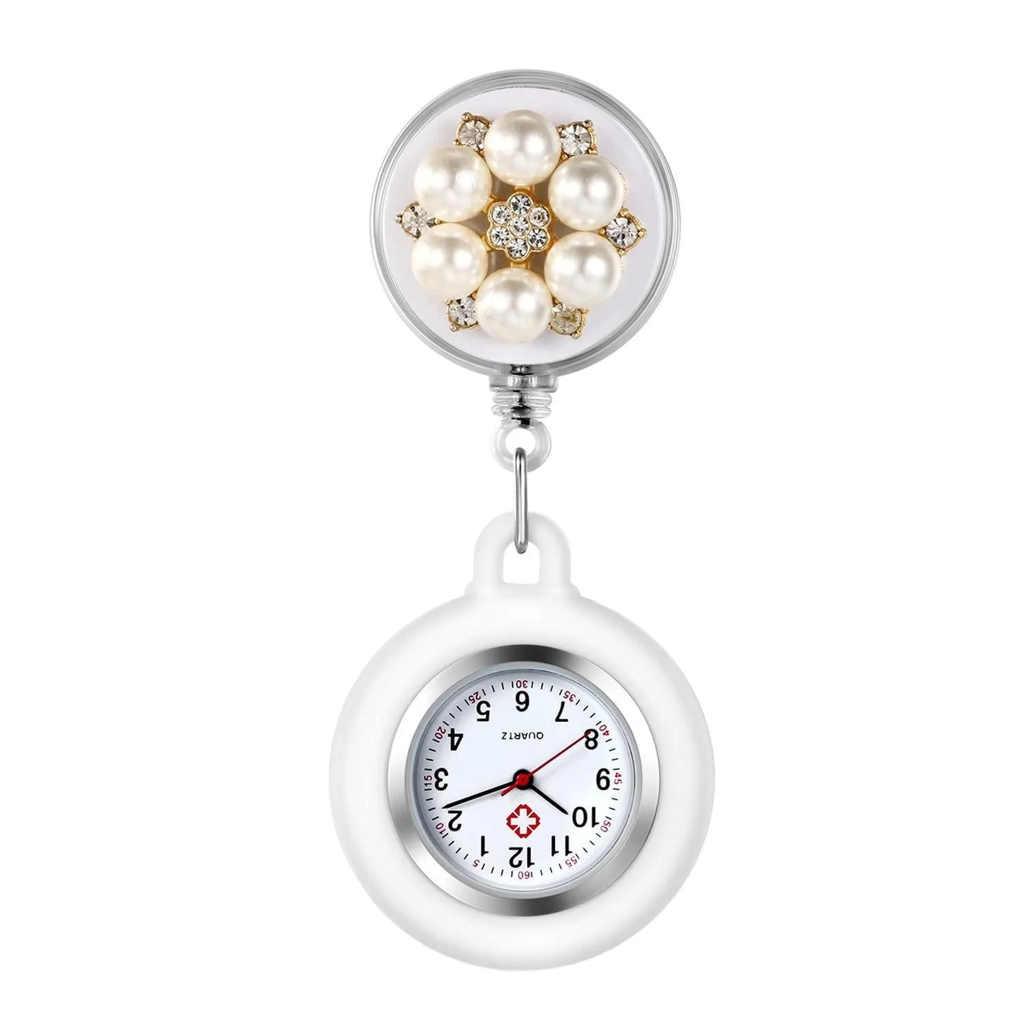 AVANER Retractable Nurse Watches Clip-on Hanging Fob Watches Cute Flower Pattern Lapel Watches for Nurses Doctors with Silicone Cover Style2-a