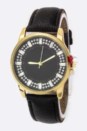 Baguette Crystal Bezel Leather Watch