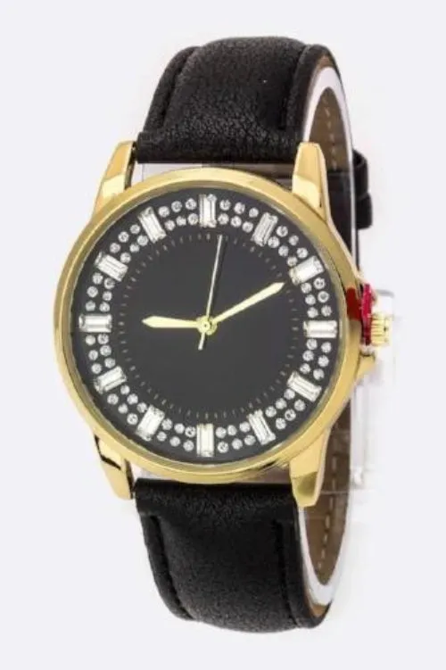 Baguette Crystal Bezel Leather Watch