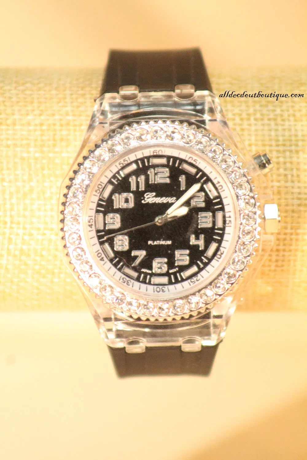 Black/Black Clear Rhinestones Large Face | Silicone Band with Clasp