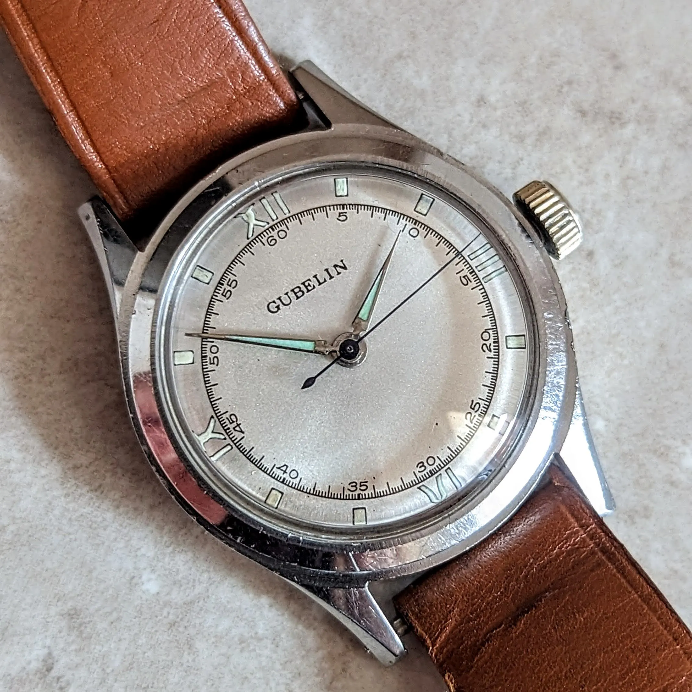 E. GUBELIN Military Style Wristwatch 17 Jewels AS 1187 Swiss Made Watch