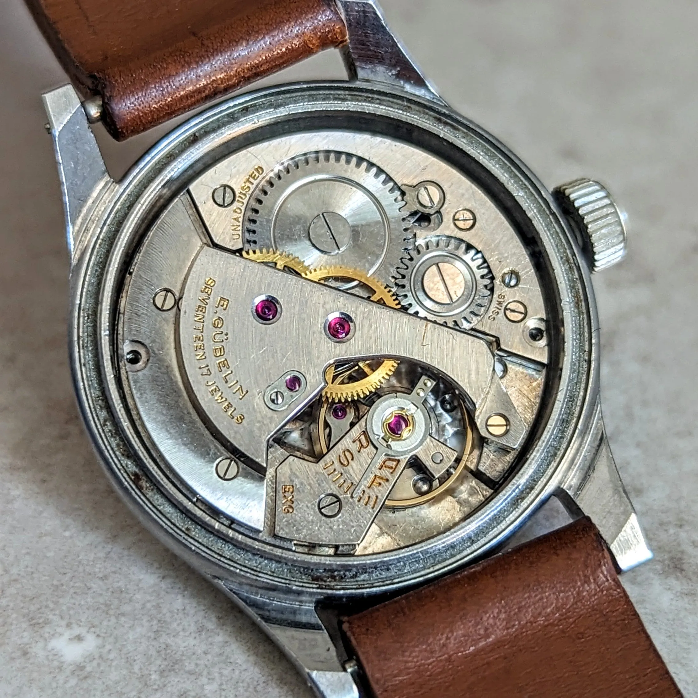 E. GUBELIN Military Style Wristwatch 17 Jewels AS 1187 Swiss Made Watch