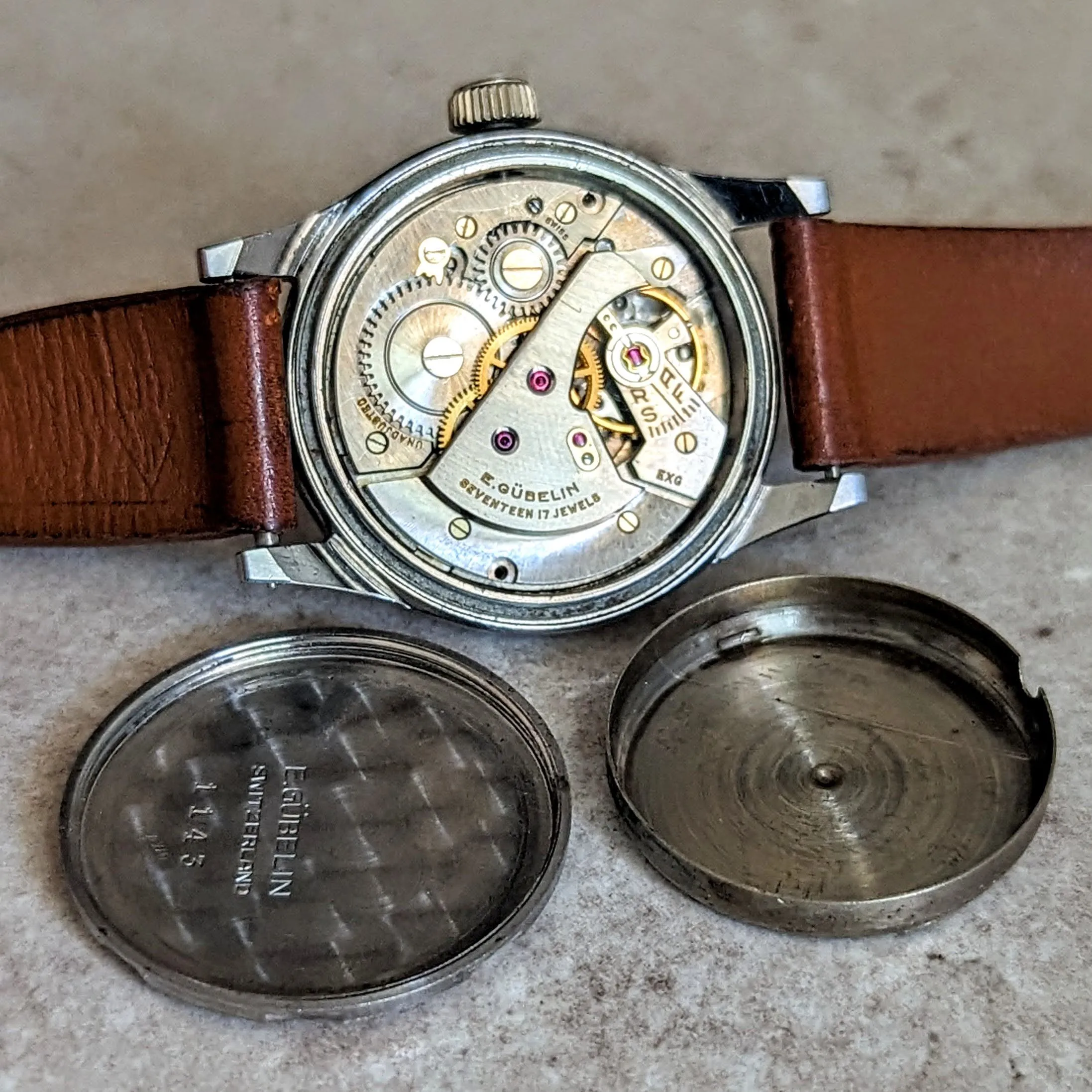 E. GUBELIN Military Style Wristwatch 17 Jewels AS 1187 Swiss Made Watch