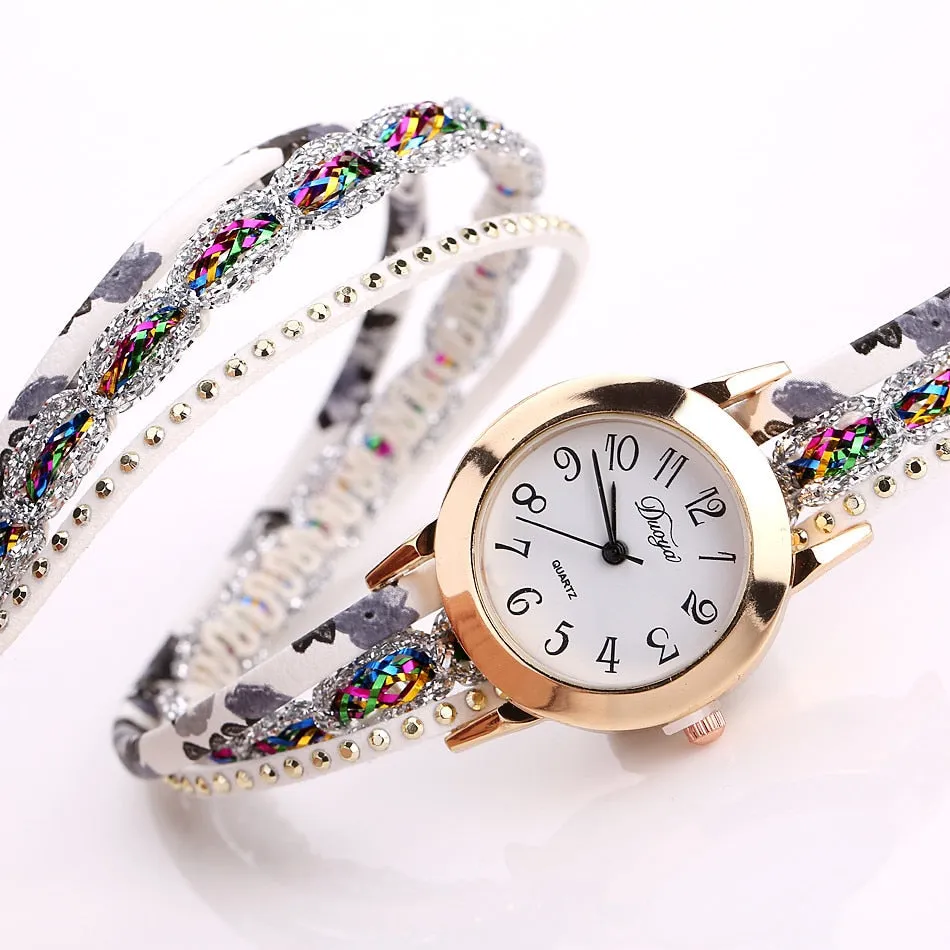 Flower Popular Quartz Diamond Leather Bracelet Watch For Female Ladies