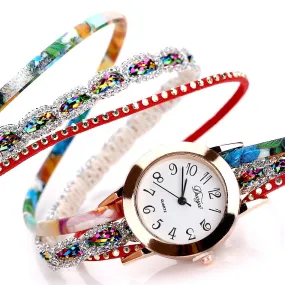 Flower Popular Quartz Diamond Leather Bracelet Watch For Female Ladies