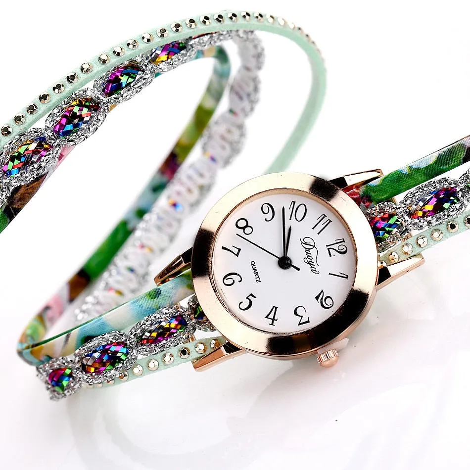 Flower Popular Quartz Diamond Leather Bracelet Watch For Female Ladies