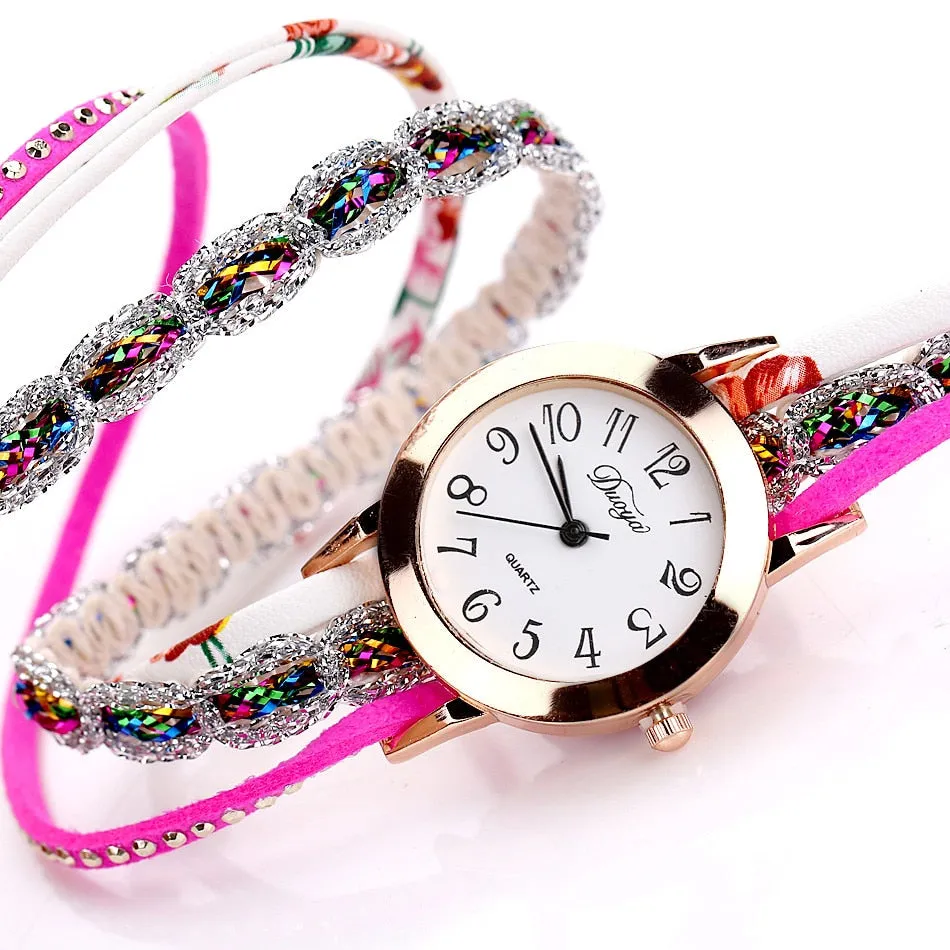 Flower Popular Quartz Diamond Leather Bracelet Watch For Female Ladies