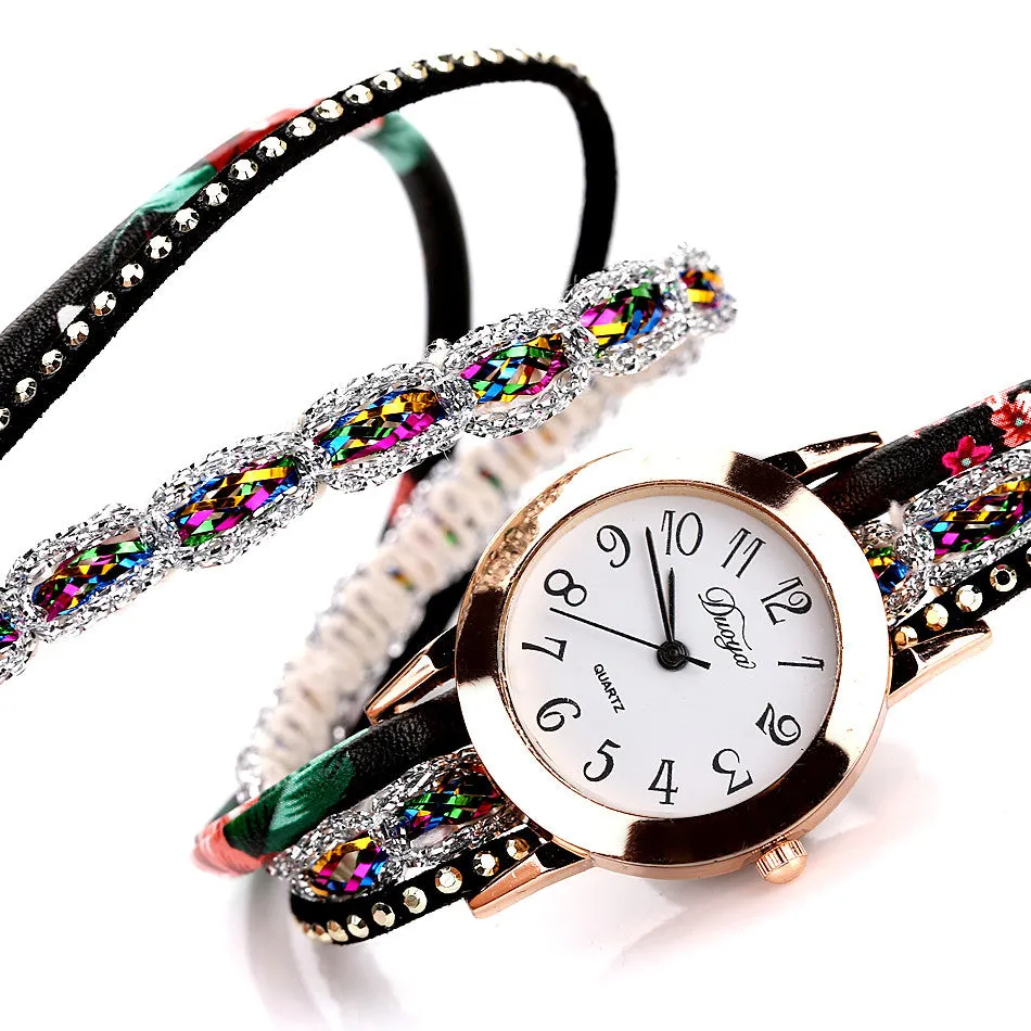 Flower Popular Quartz Diamond Leather Bracelet Watch For Female Ladies