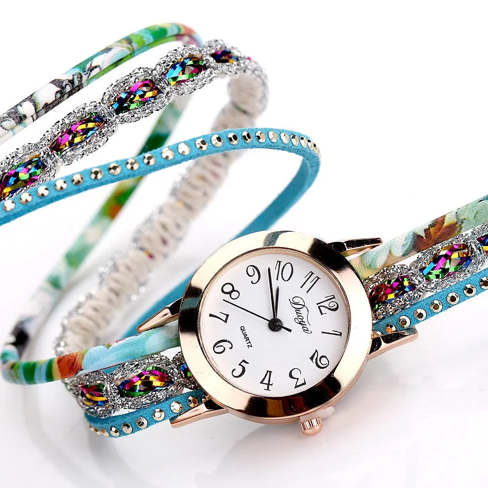 Flower Popular Quartz Diamond Leather Bracelet Watch For Female Ladies