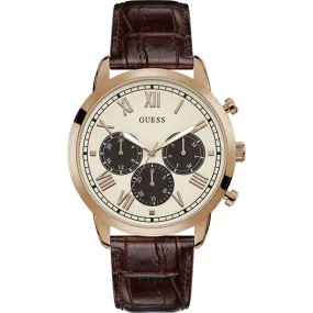 Guess Hendrix Brown Leather Strap White Dial Chronograph Quartz Watch for Gents - GW0067G3