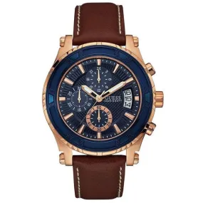 Guess Pinnacle Brown Leather Strap Blue Dial Chronograph Quartz Watch for Gents - W0673G3