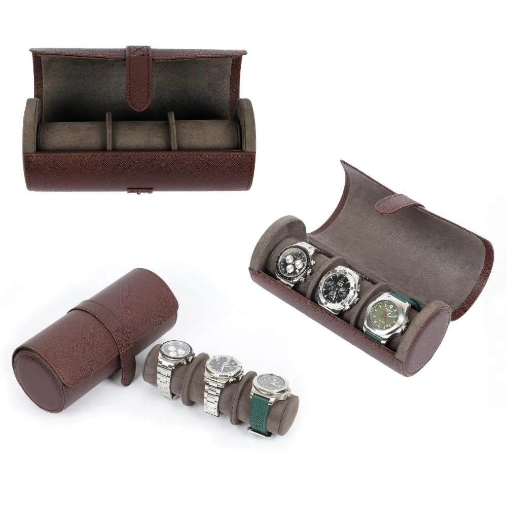 HQ 3 Slot Travel Watch Case Roll Brown