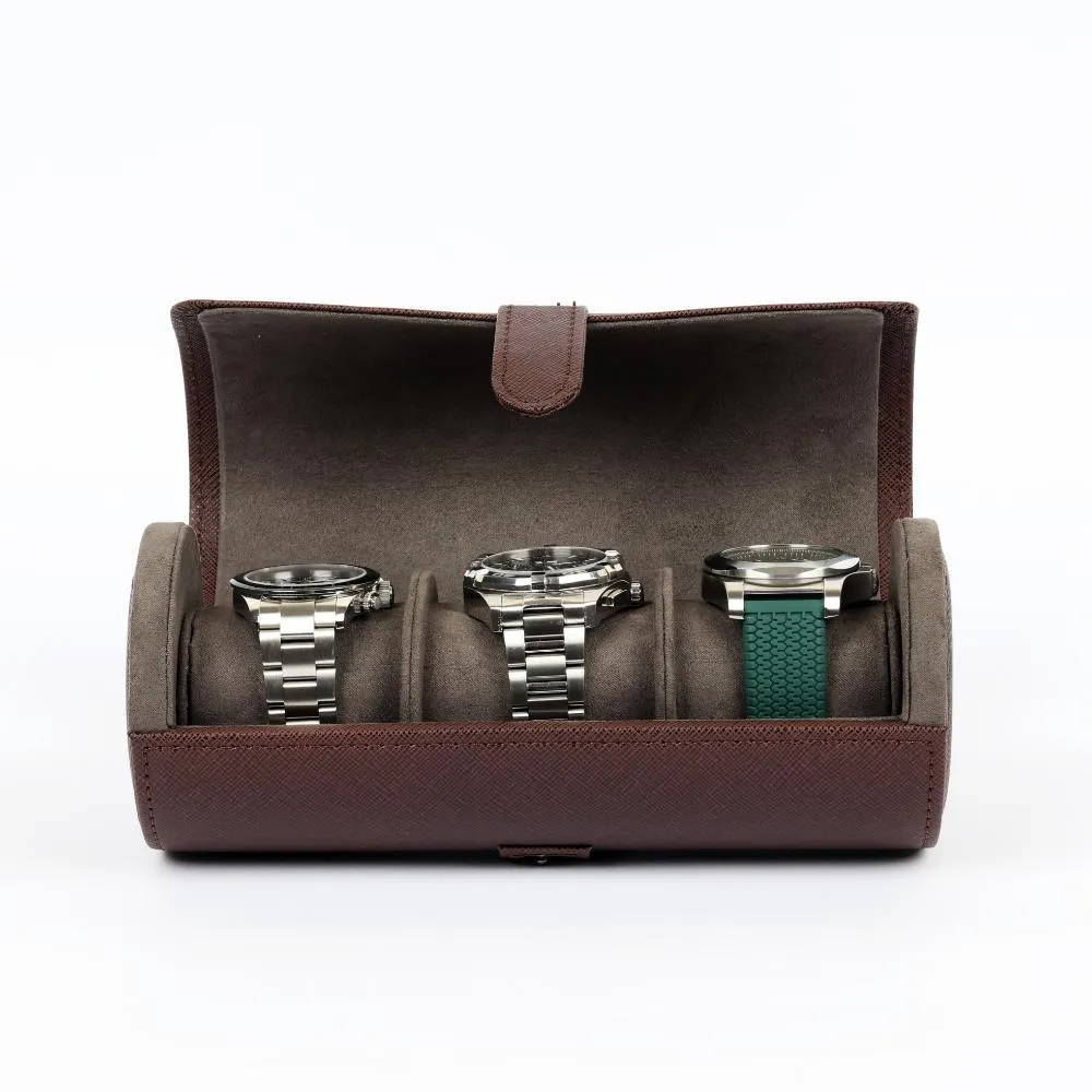HQ 3 Slot Travel Watch Case Roll Brown
