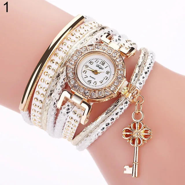 Key Pendant Multi-Layer Rivets Band Arabic Numerals Quartz Bracelet Wrist Watch