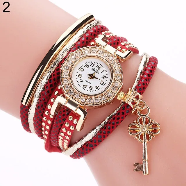 Key Pendant Multi-Layer Rivets Band Arabic Numerals Quartz Bracelet Wrist Watch