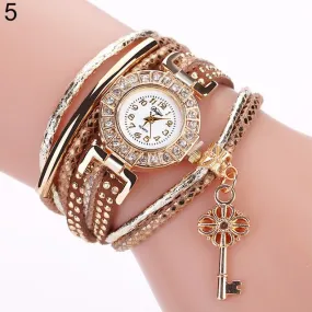 Key Pendant Multi-Layer Rivets Band Arabic Numerals Quartz Bracelet Wrist Watch