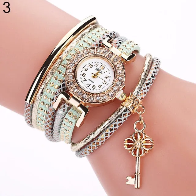 Key Pendant Multi-Layer Rivets Band Arabic Numerals Quartz Bracelet Wrist Watch