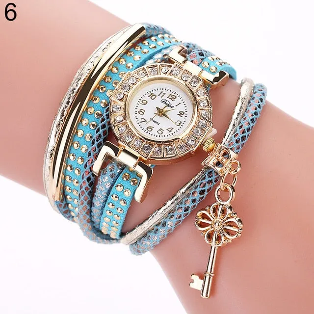 Key Pendant Multi-Layer Rivets Band Arabic Numerals Quartz Bracelet Wrist Watch