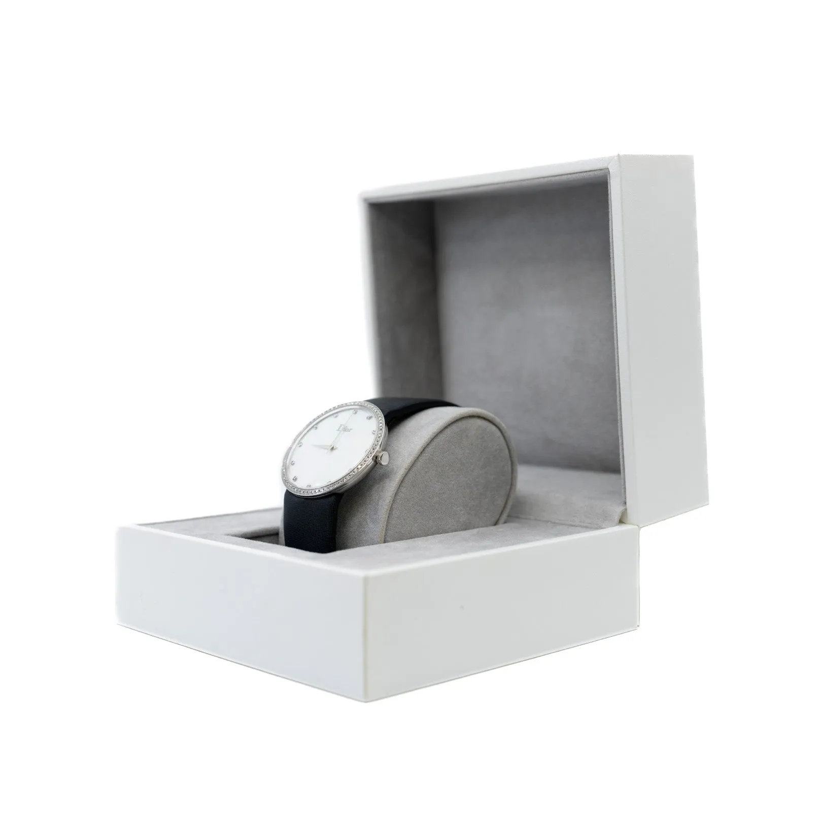La D de Dior 38mm Quartz White MOP Diamonds Dial Black Satin Bracelet 2012