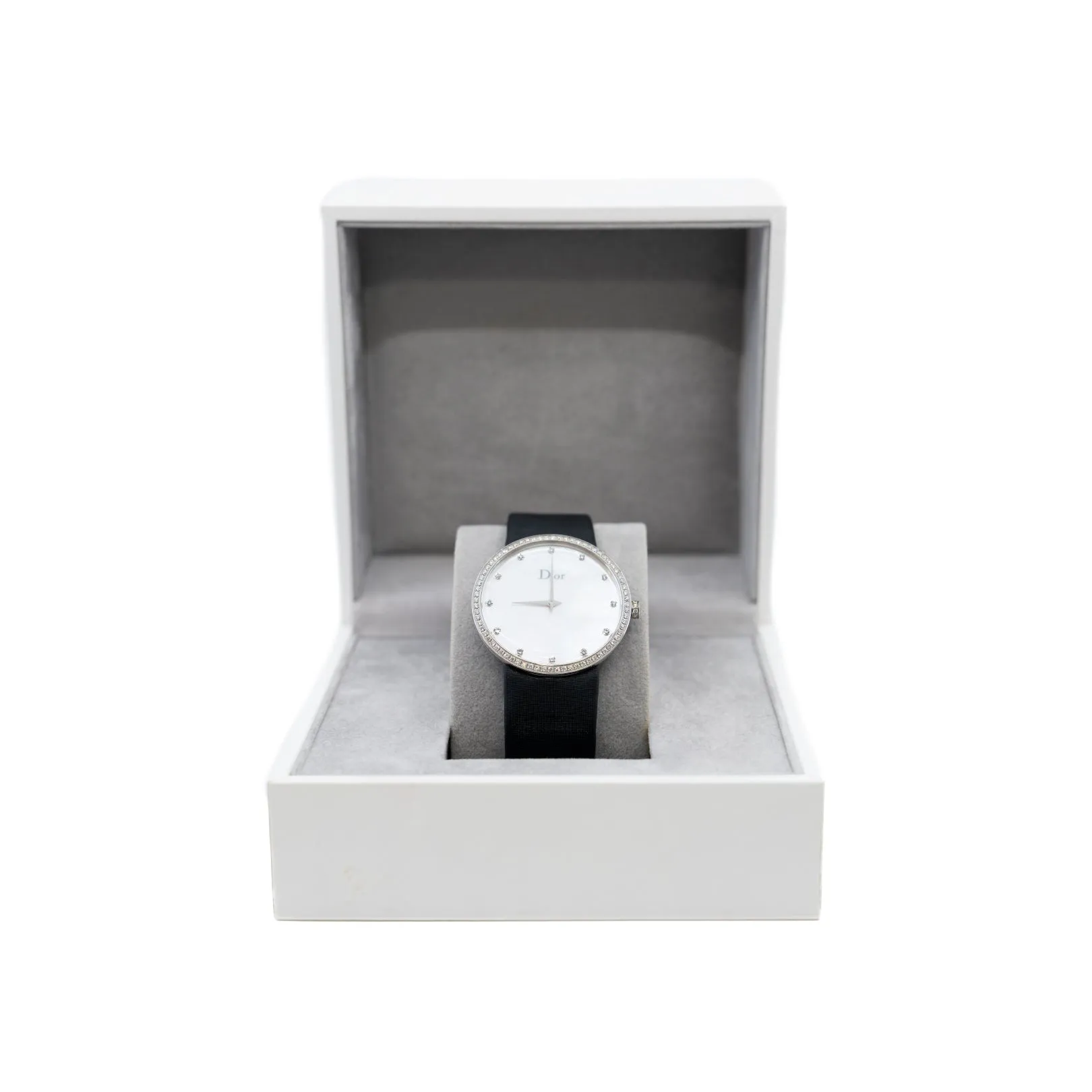 La D de Dior 38mm Quartz White MOP Diamonds Dial Black Satin Bracelet 2012